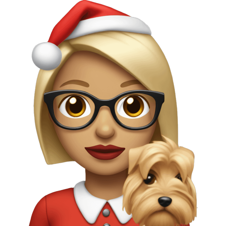 blonde woman, blue eyes wearing red santa hat and glasses and red lips holding Yorkshire terrier  emoji