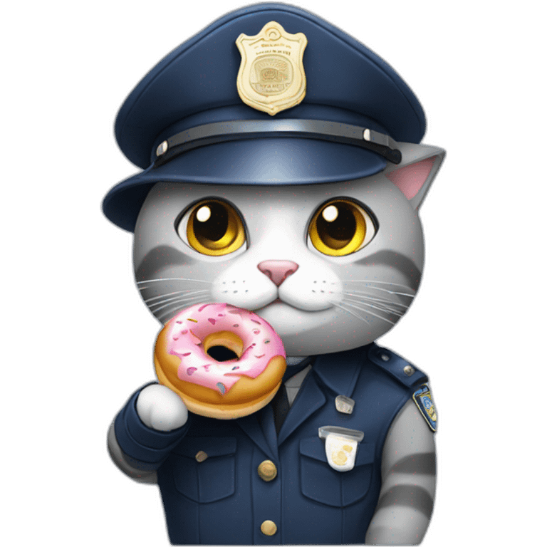 grey cat in police hat eating a doughnut emoji