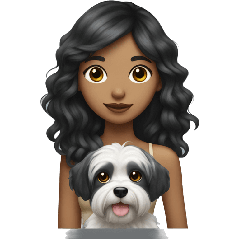 TAN SKIN GIRL with long black wavy hair and bangs HOLDING her black and white shitzu  emoji