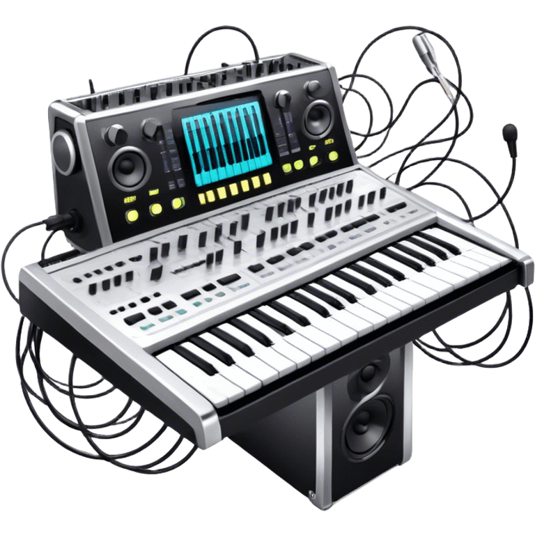 Create a professional and detailed emoji that represents sound design equipment. The design should feature a high-end Korg synthesizer, a sound mixing console, and a control panel with audio cables connecting to large studio speakers. Surround the equipment with sound waves made of musical notes to symbolize the creative process of shaping sound. Use sleek colors like silver, black, and neon accents to highlight the high-tech nature of the equipment. The background should be transparent. emoji