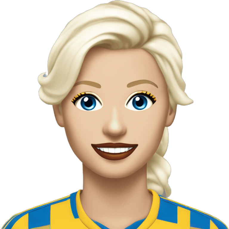 Jesse Maley pretty older white Swedish looking Playboy model looking with Blue eyes, a sexy smile, with big Red lips and almond shaped eyes with long eyelashes, platinum blonde blonde, pixie haircut and golden skin and Leeds united shirt and badge emoji