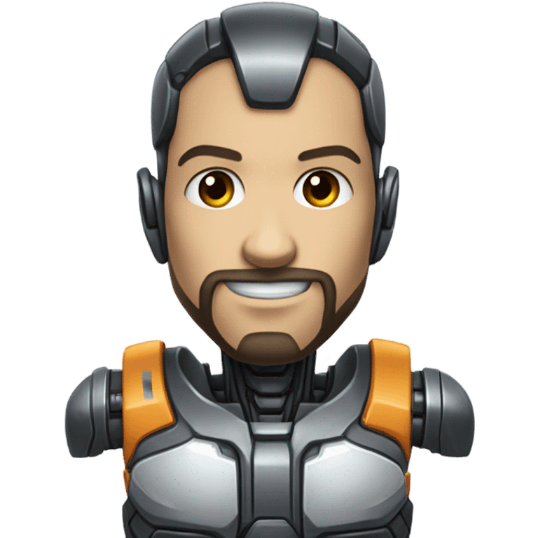 muscular half cyborg face half human with short straight, dark hair, hardhat, and a neatly trimmed beard emoji