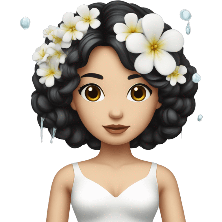 Pretty young Lady doll posing with black hair flowers in hair white dress surrounded by flowing water emoji