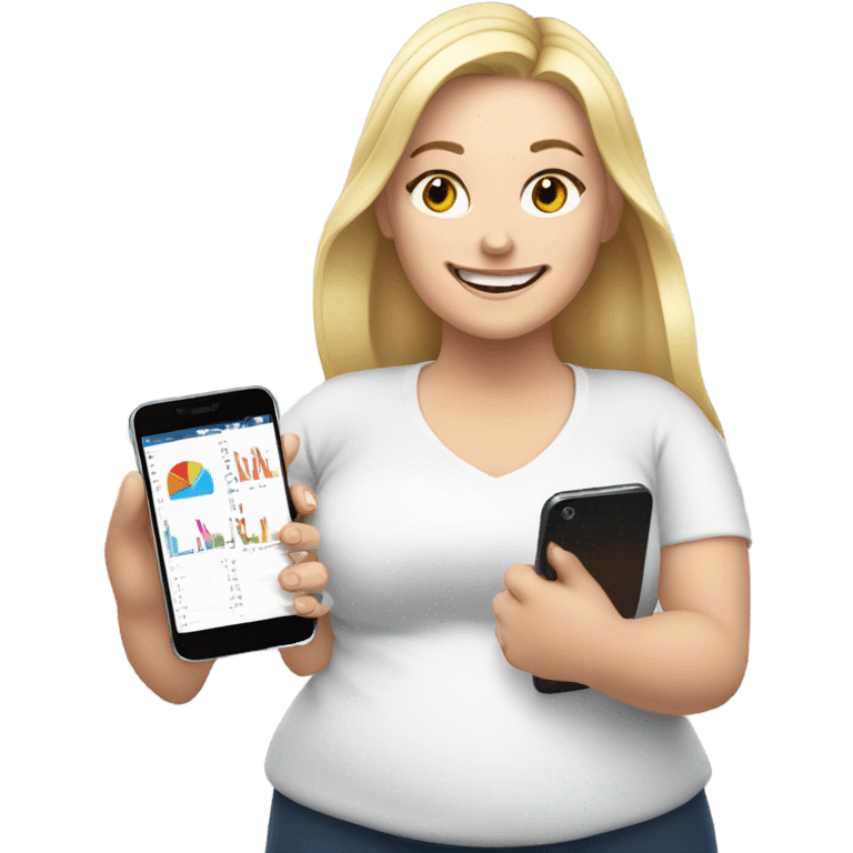 overweight blondie woman happy with a smartphone in hands showing charts emoji