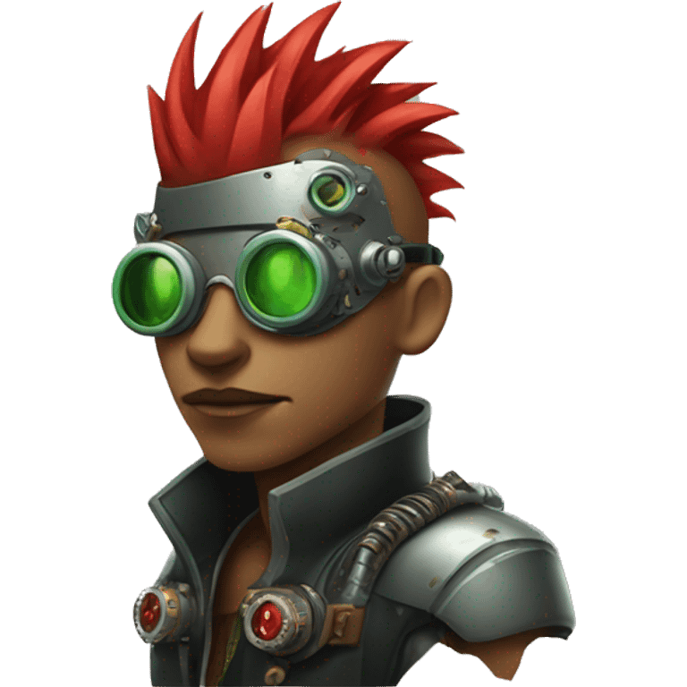 Male cyborg with thin red Mohawk and green steampunk goggles emoji