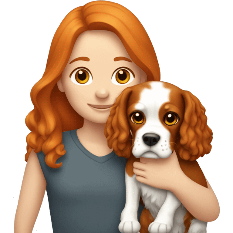 Ginger hair girl hugging a Cavalier King Charles Spaniel dog emoji