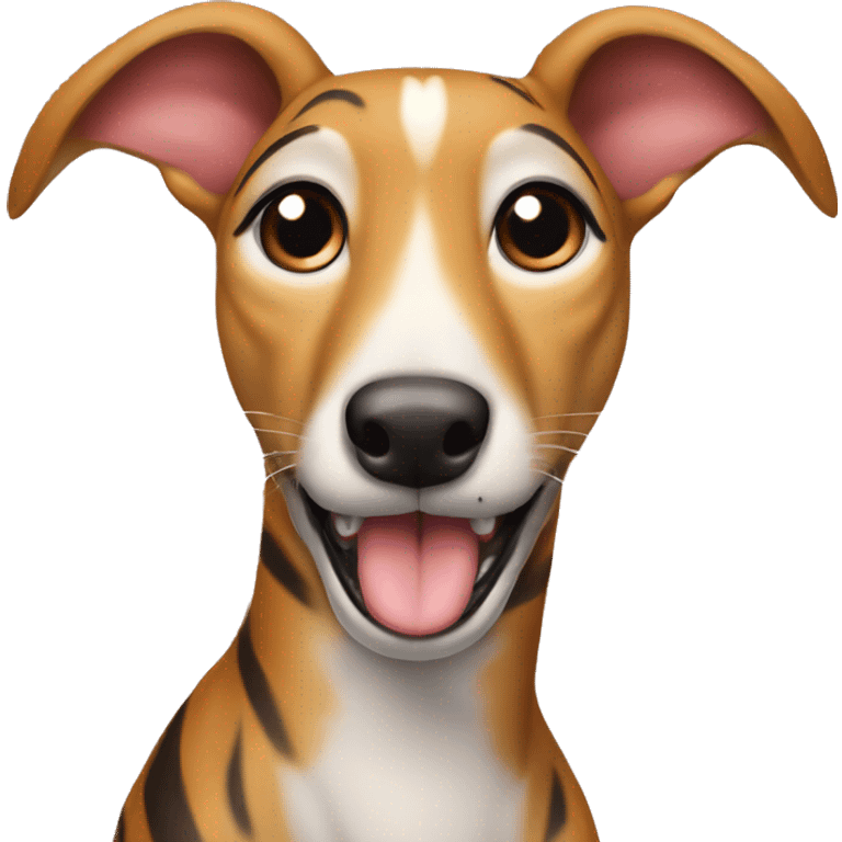 Fawn tiger greyhound wants to lick with tongue out emoji