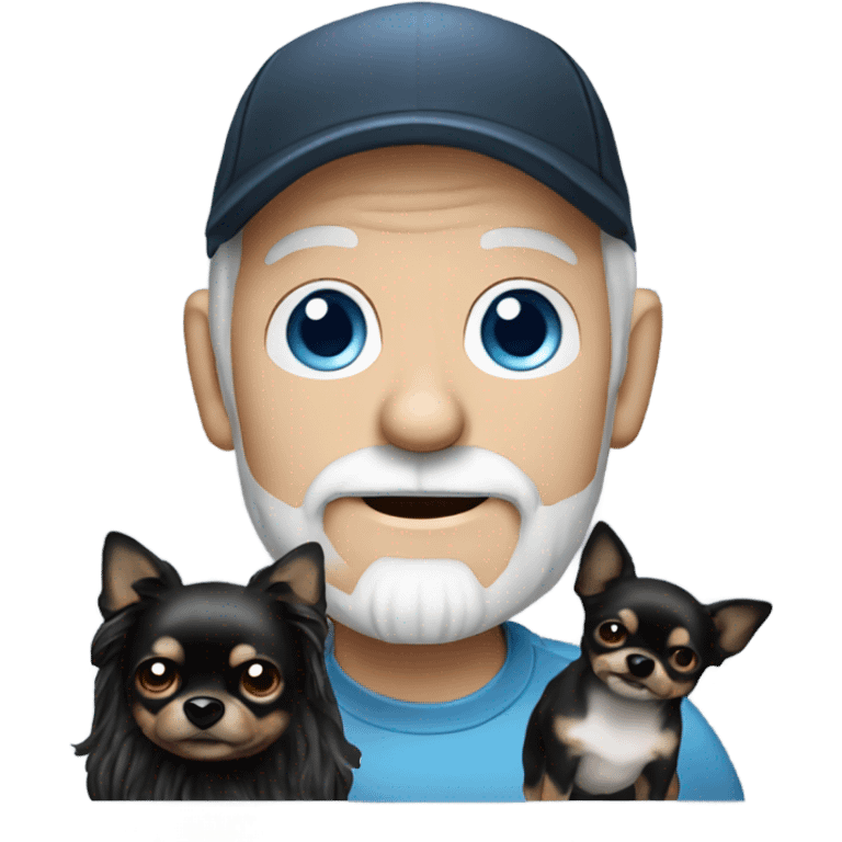 Old man with blue eyes goatee beard ball cap holding black Chihuahua long hair emoji