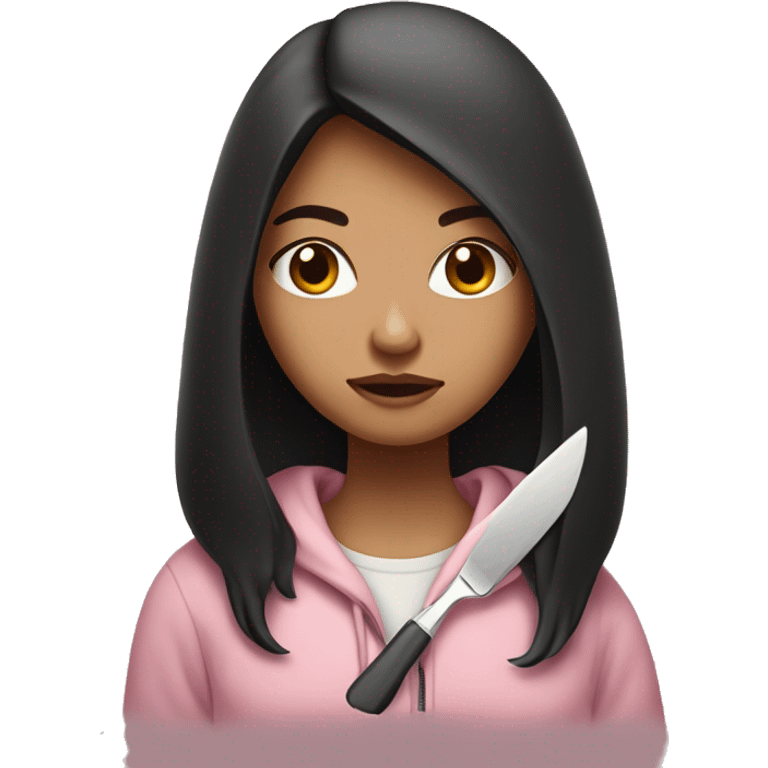 Girl with long dark hair in a light pink hoodie with a serious face holding a butter knife emoji