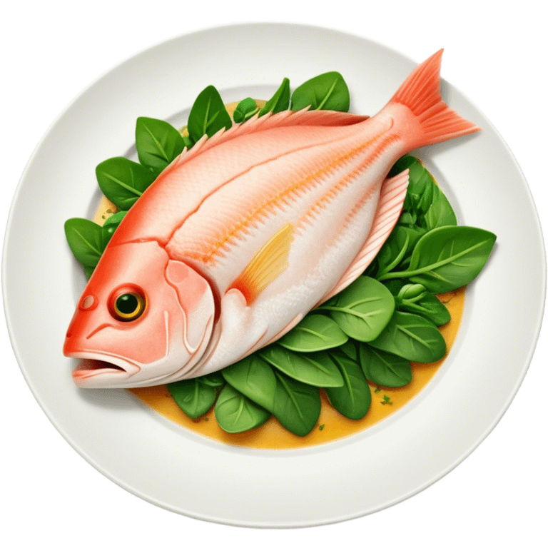 Cinematic fresh snapper fillet, pan-seared to golden perfection, soft and flaky texture, resting on a bed of sautéed greens, warm glowing background, refined and elegant. emoji