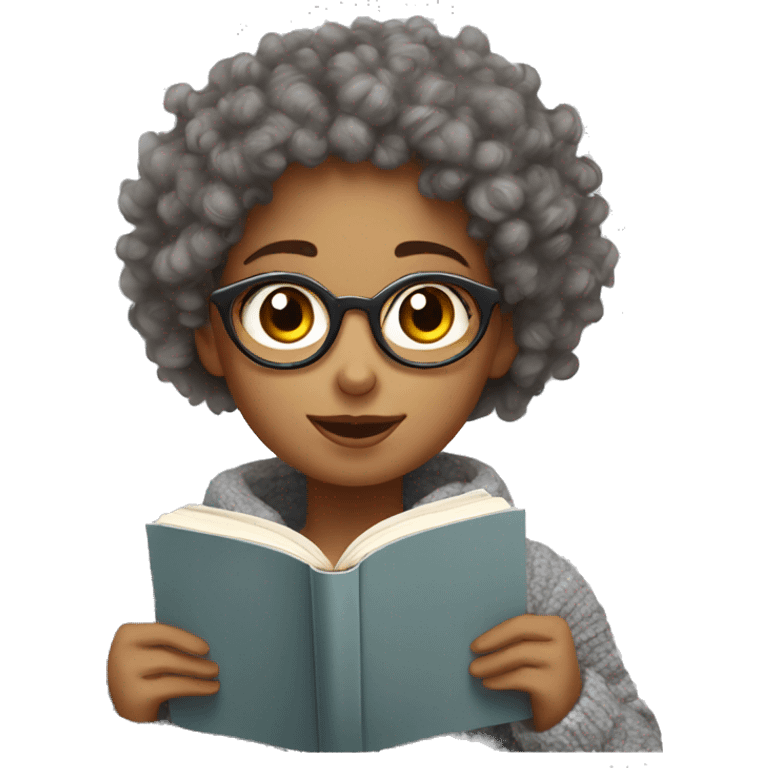 Curly haired girl with grey cozy sweater reads a book emoji