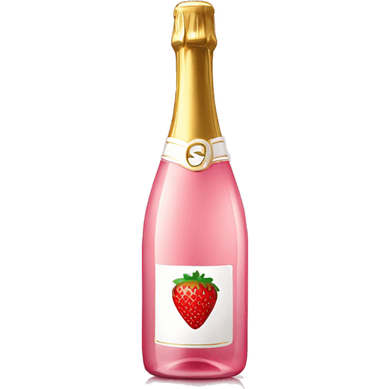 Realistic pink champagne bottle and pink clear glass full of the champagne with a strawberry in it. emoji