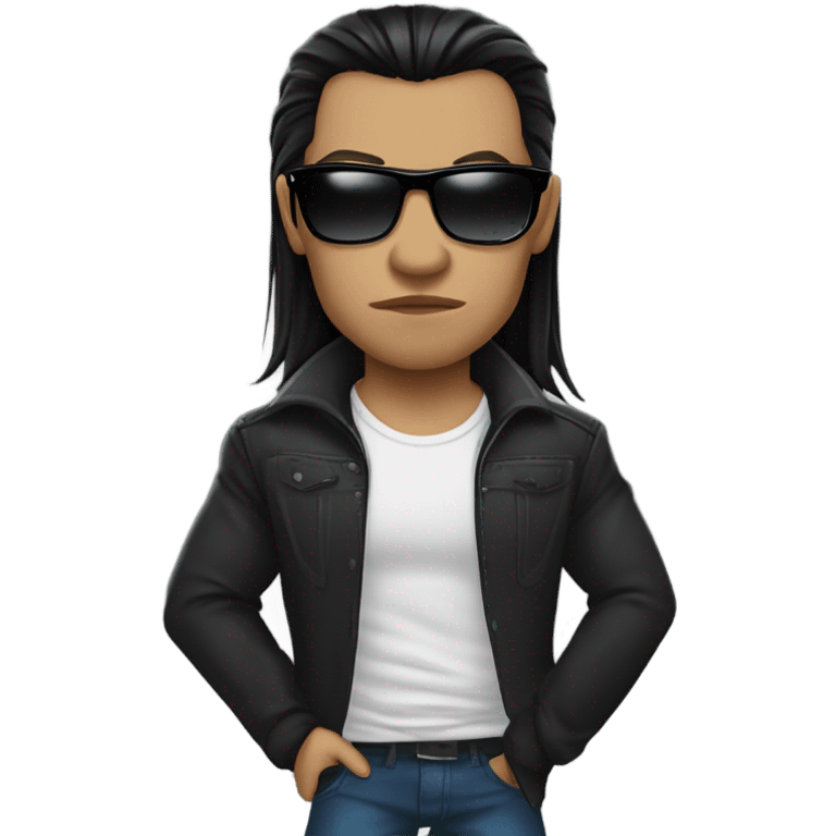 Vampire male, with long black hair, masculine face, fine lips, serious face expression, black sunglasses, lather jacket, underneath black t-shirt, strong muscular body emoji