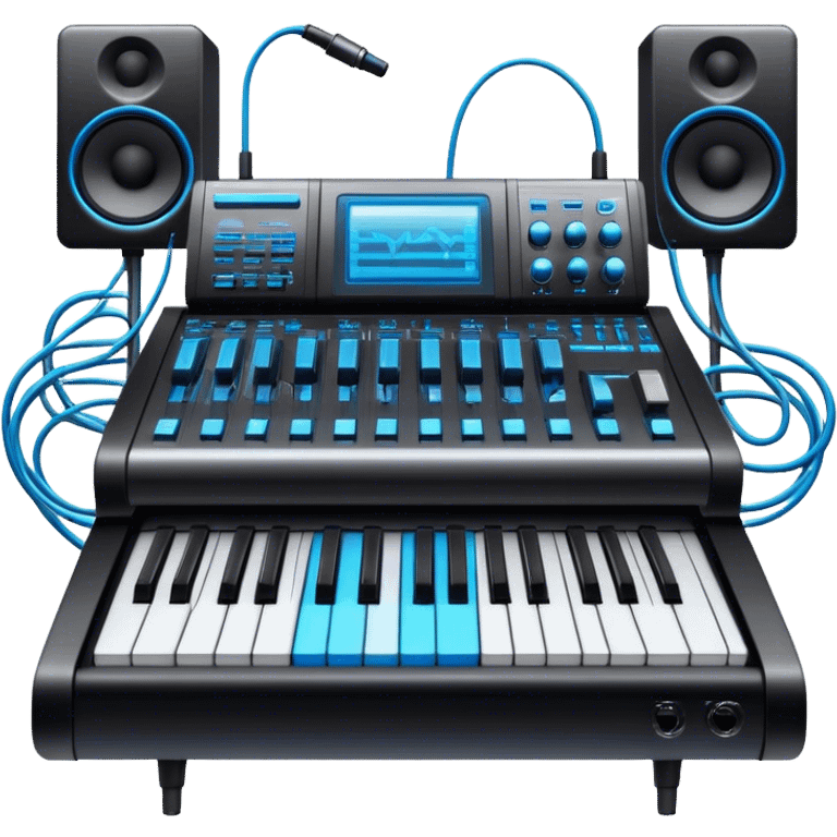 Create a professional and detailed emoji that represents sound design. The design should feature a high-end studio synthesizer (like the Korg), a sound mixing console with visible wires, large studio speakers, and a microphone to symbolize the essential equipment in sound design. Add musical note waves flowing around the equipment to emphasize the connection between sound creation and musical composition. Use sleek, modern colors like black, silver, and neon blue to represent the professional and futuristic nature of sound design. The background should be transparent. emoji