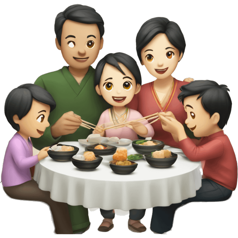 A family of 5 happily eating dim sum  emoji