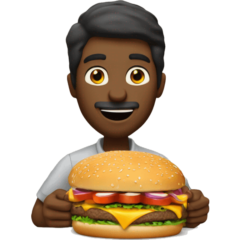 Show a man eating a big mac and add the label "Palkin' Burger - Just the right amount of spice!" emoji