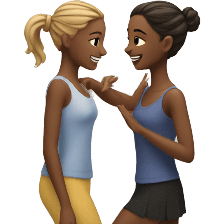 Two teenage girls chatting in a dance class emoji