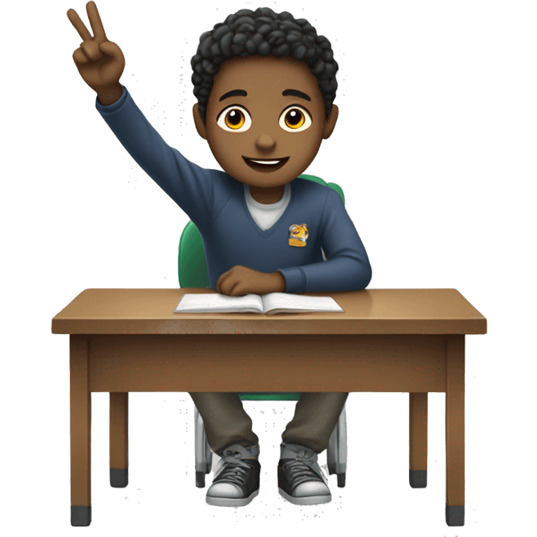 boy is sitting at school desk, hand is raised emoji