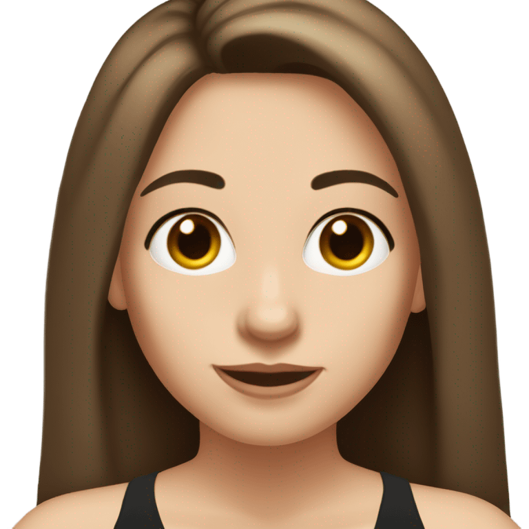 Middle age girl with long brown hair and fair skin wearing a black halter top hazel eyes and long lashes emoji