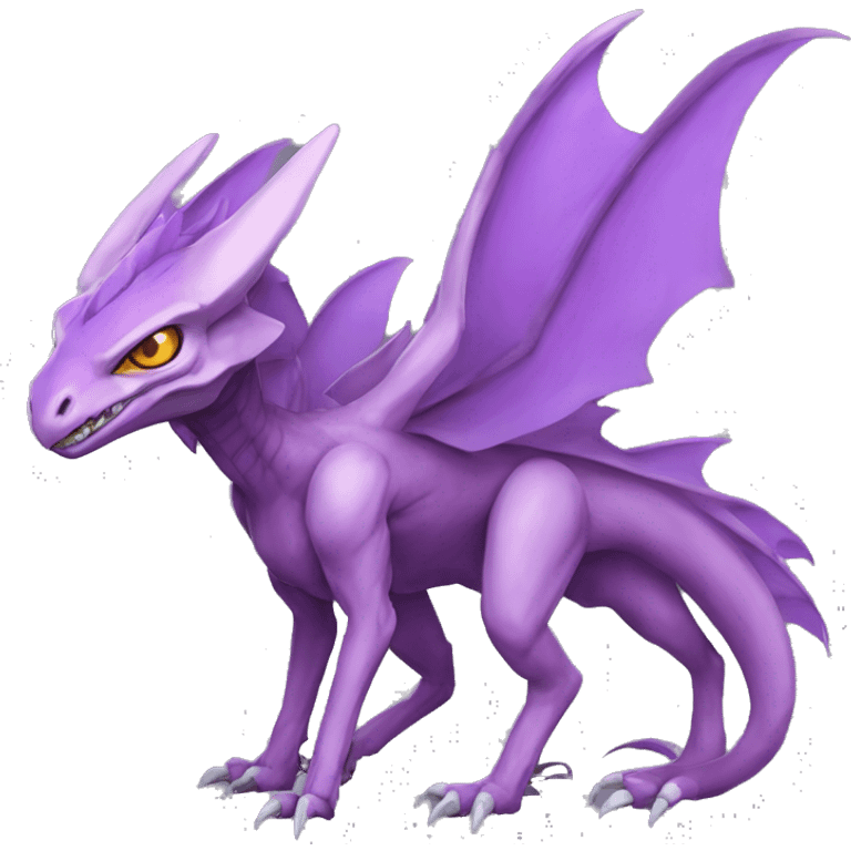 Mauve-violet-colored genesect-raptor-dragonkin-scalie-sona-Fakémon-hybrid with a mane on head and back full body emoji