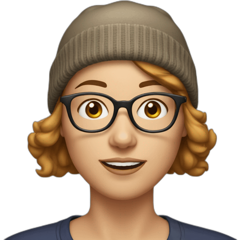 30 year old white woman short light brown hair with a beanie on her heard and glasses emoji