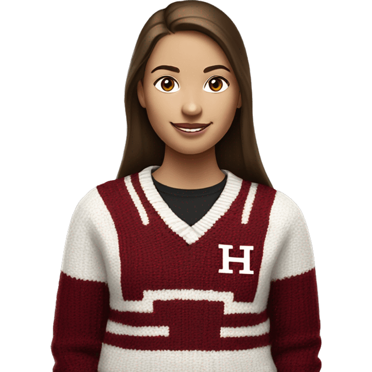 Girl with brown hair and white skin wearing a crimson and white sweater with the black crimson and white Harvard University logo on it  emoji