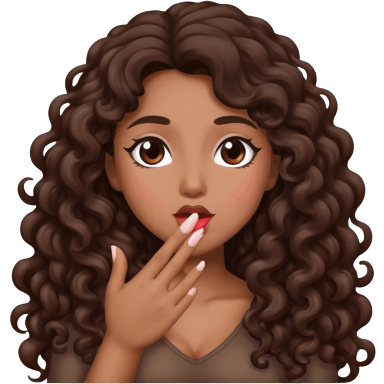 Brown woman with dark brown long curly hair blowing a kiss  emoji