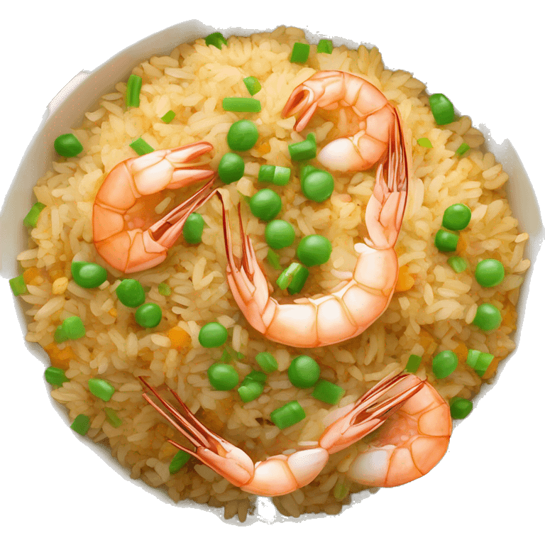 a bowl of gold prawn egg fried rice garnished with sliced garlic and spring onions emoji