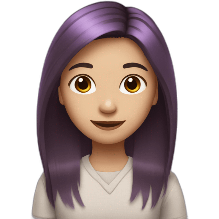 girl who has shoulder-length stright hair, dyed in purple, brown eyes (a little bit asian) smiling emoji