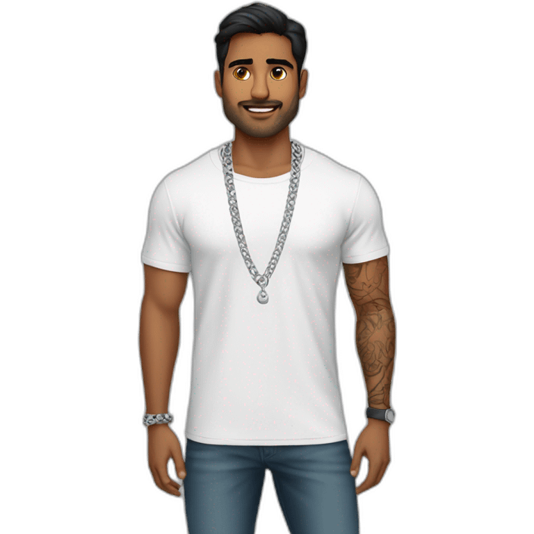 A strong Indian man wearing men silver chain,styled on a Full sleeve tshirt emoji