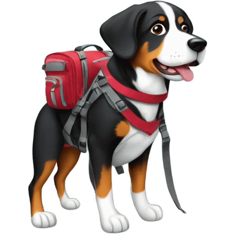 A greater Swiss mountain dog hiking up a cliff with her own doggy backpack emoji