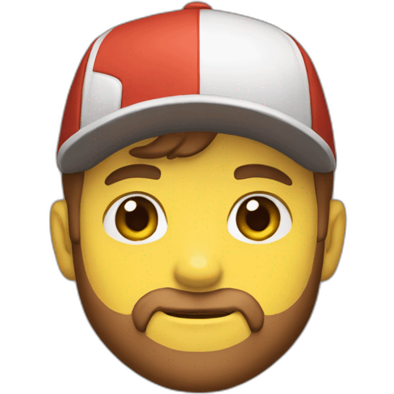 white man with brown hair and beard and a red cap, holding and a pikachu pokemon emoji