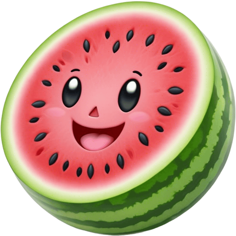 Cute Kawaii Watermelon Slice, juicy and vibrant, soft pastel green rind with pink flesh, tiny black seeds shaped like hearts, an adorable happy face with cute round eyes, bursting with summer energy! emoji