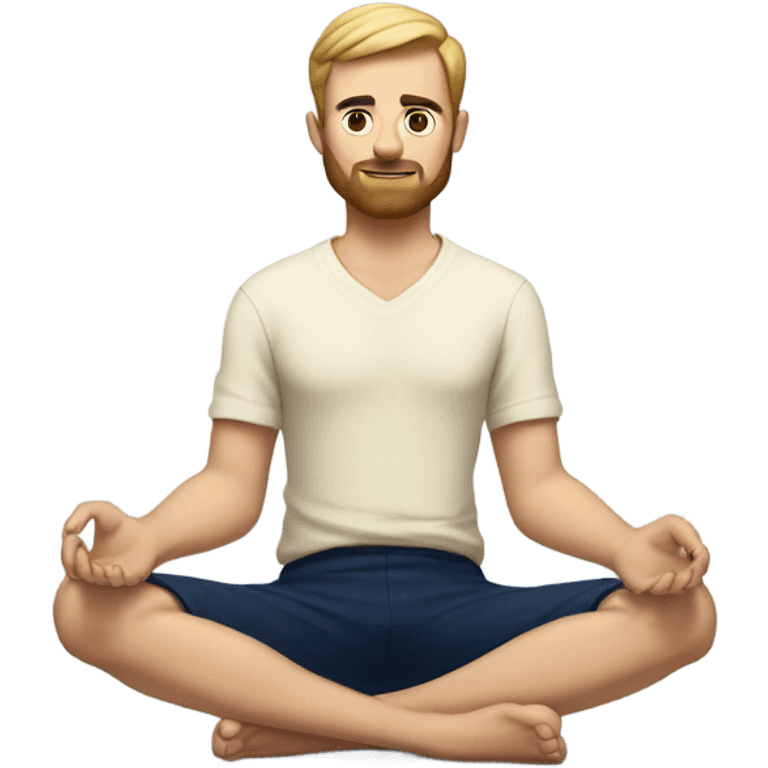 european man meditating sitting down with cream shirt and navy blue pants.  emoji