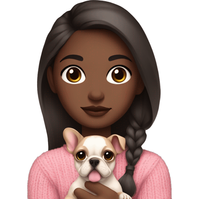 Dark brown haired girl, dark brown eyes, brown skin, long lashes, big 2 toned lips, pink sweater, holding a French bulldog in arms emoji