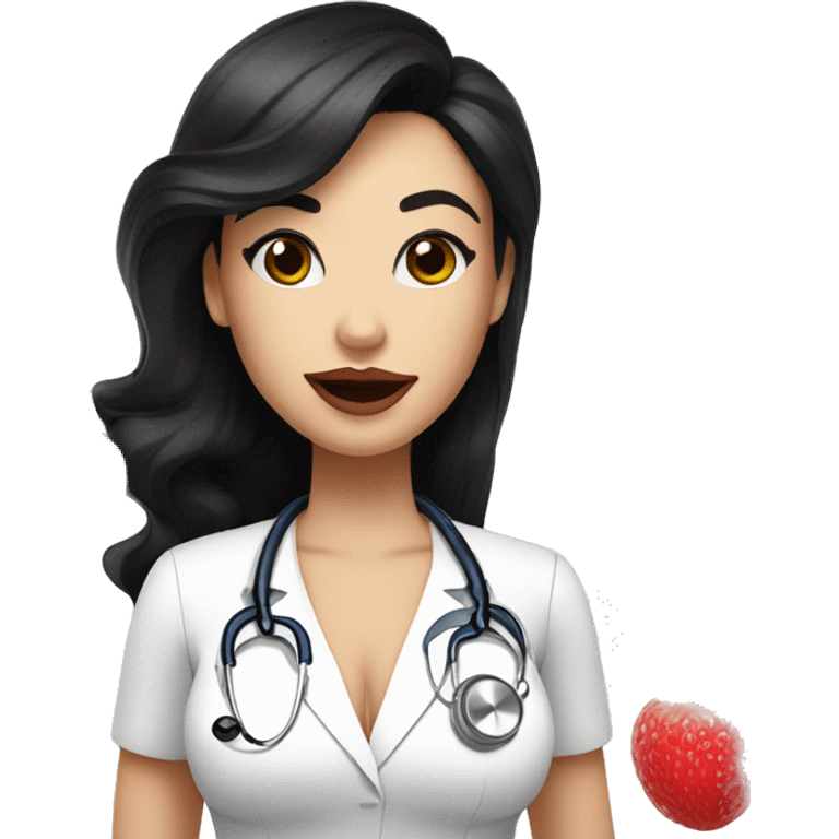 White woman with black hair who is nutricionist, with a big lips in nude color and big lashes, she has a fruit in her hand and haven't stethoscope emoji