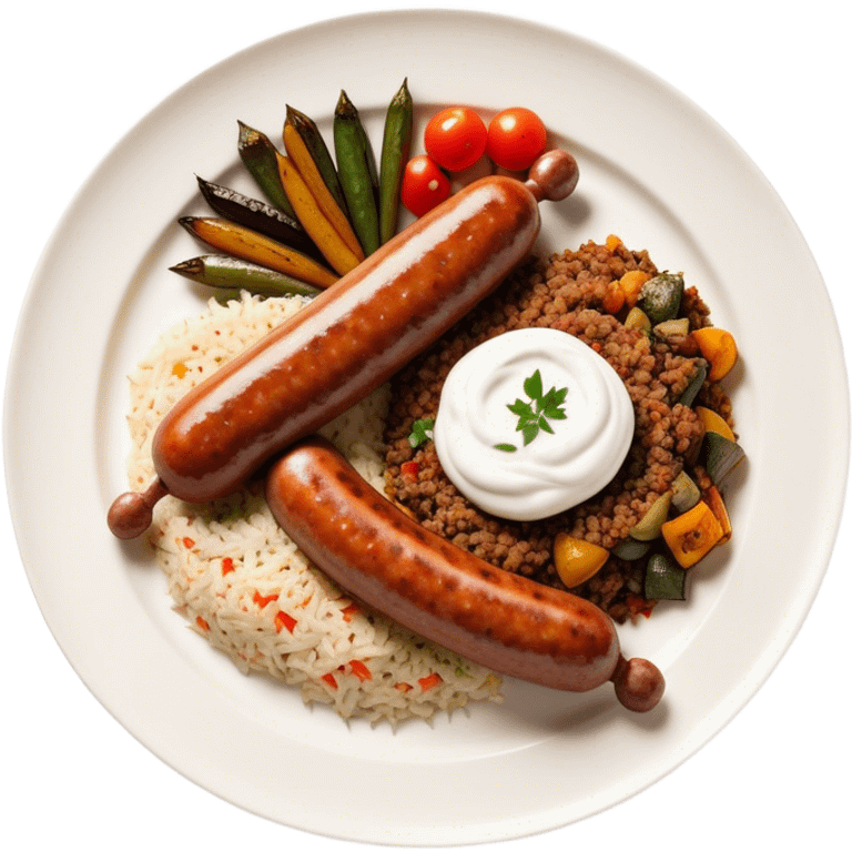 Cinematic Realistic image of a long, sausage-shaped Turkish Köfte, rendered with richly spiced meat textures and subtle grill marks, artfully arranged on a traditional Turkish ceramic plate alongside classic sides such as a serving of aromatic pilaf, crisp grilled vegetables, and a dollop of creamy yogurt, all bathed in warm, appetizing lighting that emphasizes its savory allure. emoji