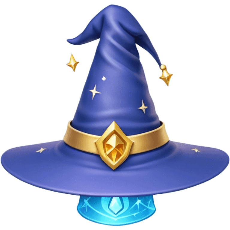 Clash of Clans aesthetic: Cinematic Playful Wizard's Hat Emoji, rendered in a 3D vector-style similar to standard emojis with minimal shading and bold, simplified shapes. A compact, isometric pointy hat with a wide brim adorned with mystical symbols and subtle enchanted shimmer, softly glowing with a magical whimsical charm. Simplified yet unmistakably iconic, highly detailed and consistent, glowing with a soft radiant glow and high shine. Stylized with a touch of classic sorcery and a soft glowing outline, capturing the essence of a legendary wizard’s hat with a friendly, playful manner! emoji