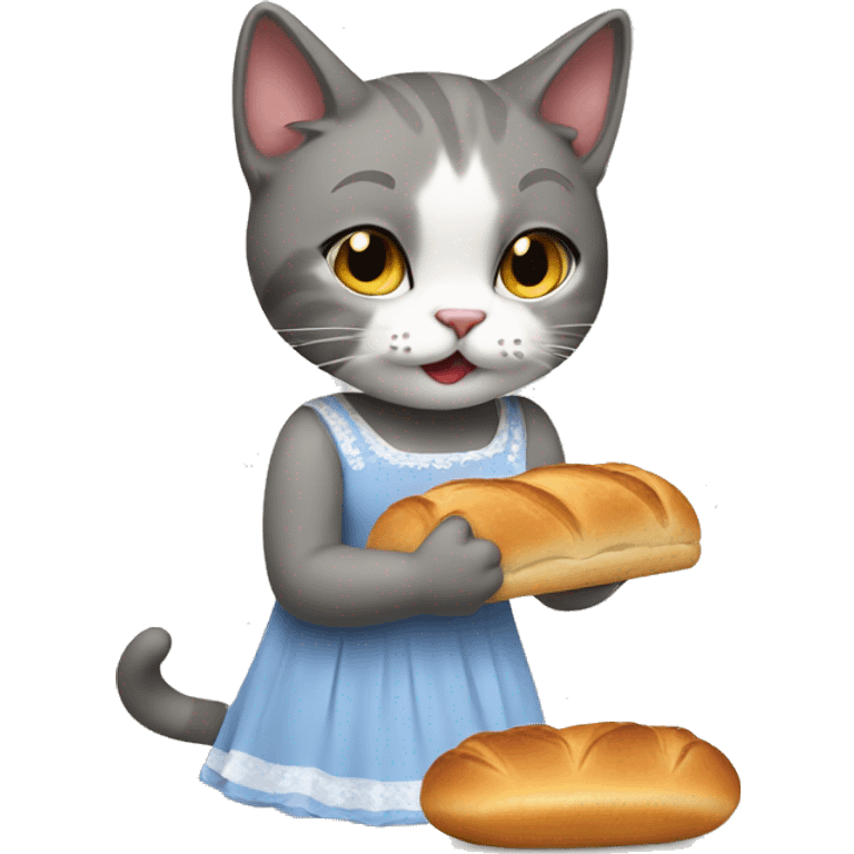 a cat eating bread wearing a dress emoji