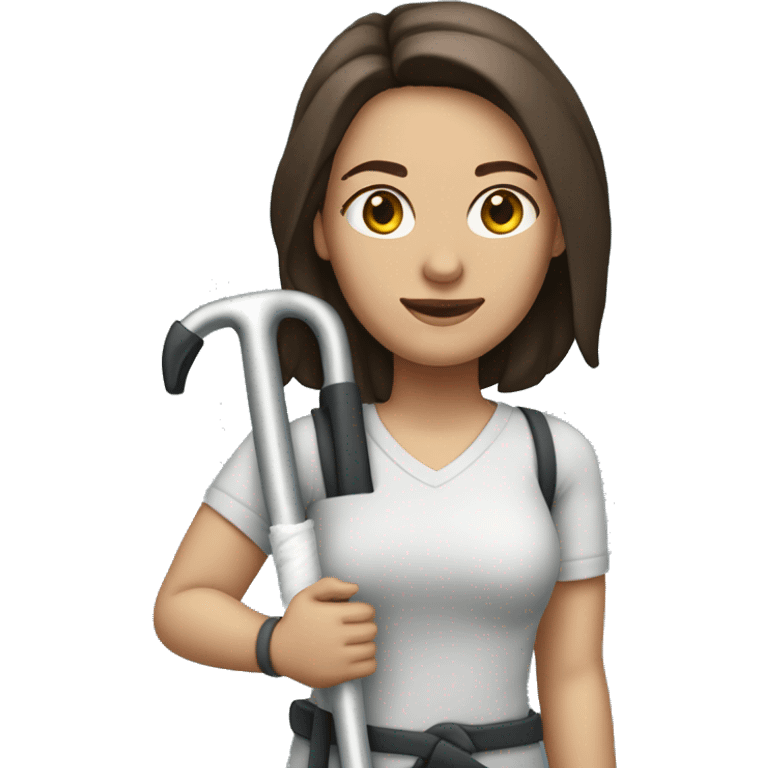 Caucasian woman with shoulder length dark brown hair on crutches with a bandaged right knee emoji