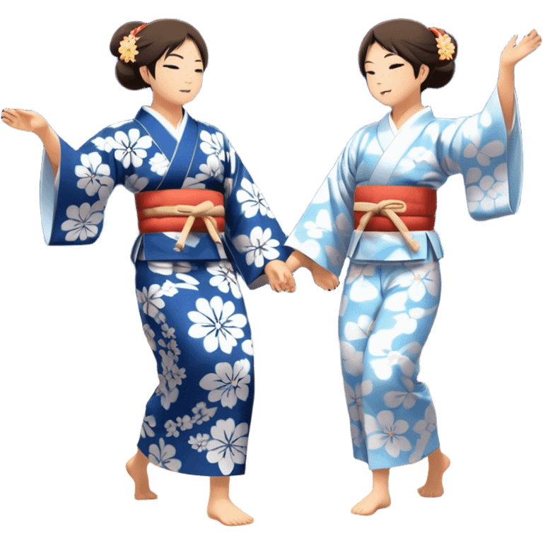 Cinematic Realistic scene of two performers engaging in Bon Odori, dressed in traditional yukata with intricate summer patterns, captured in graceful, rhythmic motion with warm, festive lighting emoji