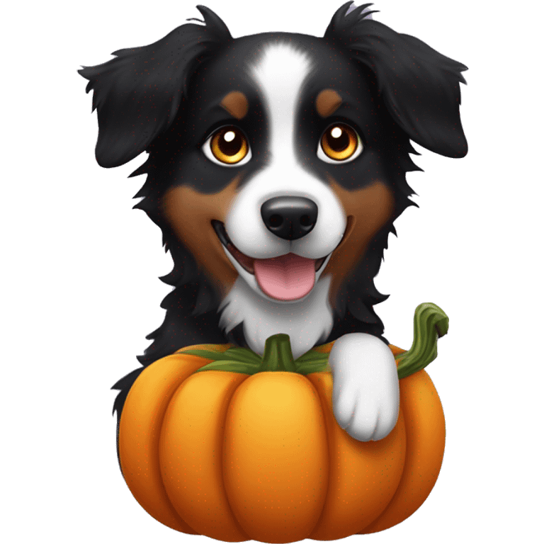 Small black australian shepherd dog in a pumpkin emoji