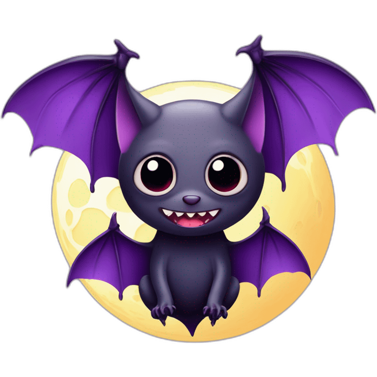 purple and black vampire bat large cute eyes with highlight glare wings flying in front of large dripping crescent moon emoji