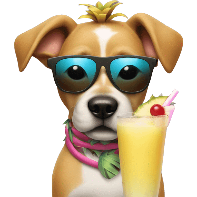 dog with sunglasses holding a pina colada with a 50 sign emoji