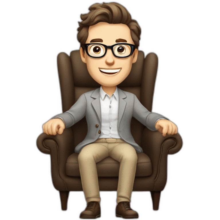 Joyful thrumbs up Pale skinned Fit Man With dark brown hair in gray jacket, beige office shirt, Brown pants and vintage glasses sitting In a soft chair emoji