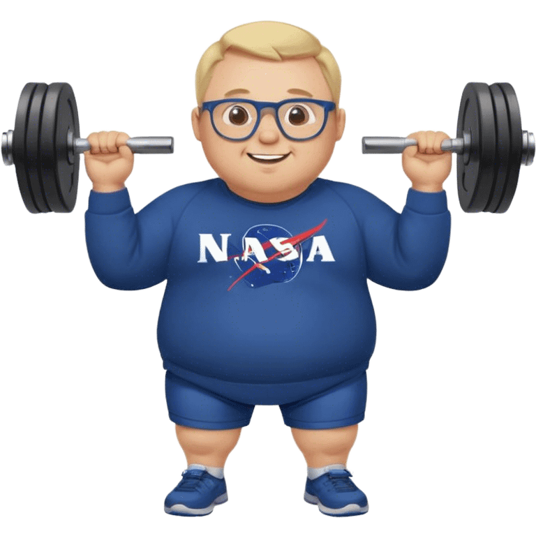 happy chubby man, lifts weights,  blond short and hight receding hairline, wearing a dark blue sweatshirt, nasa logo on the sweatshirt, round glasses without frame, 40 years old emoji