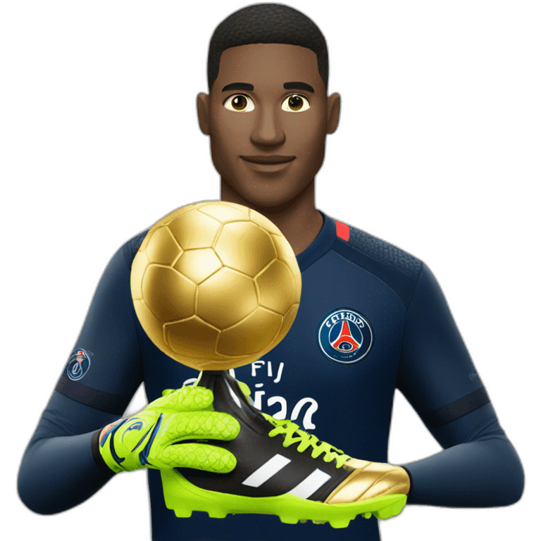 PSG goalkeeper, with white skin color, holding the golden ball emoji