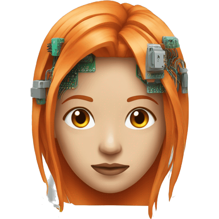 Head of female cyborg with long orange hair and circuits emoji