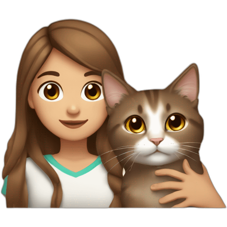 Light skin kabyle girl with long straight brown hair and eyes petting a fluffy brown cat emoji