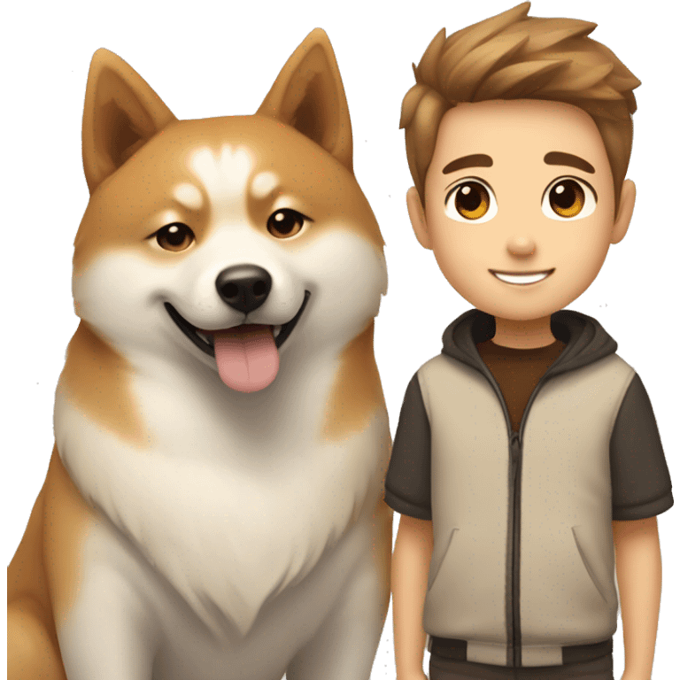 Light brown hairs boy with brown eyes and wide brows 12 years smiling together with dog shiba inu  emoji